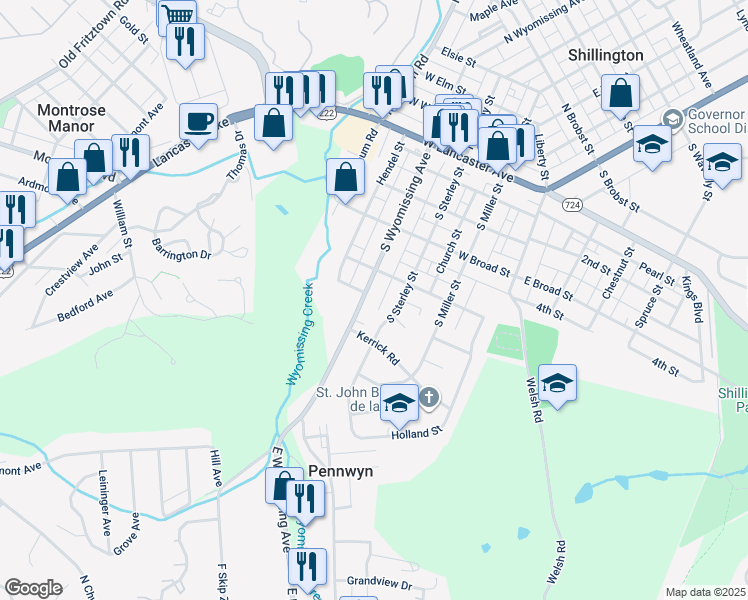 map of restaurants, bars, coffee shops, grocery stores, and more near 323 South Wyomissing Avenue in Reading