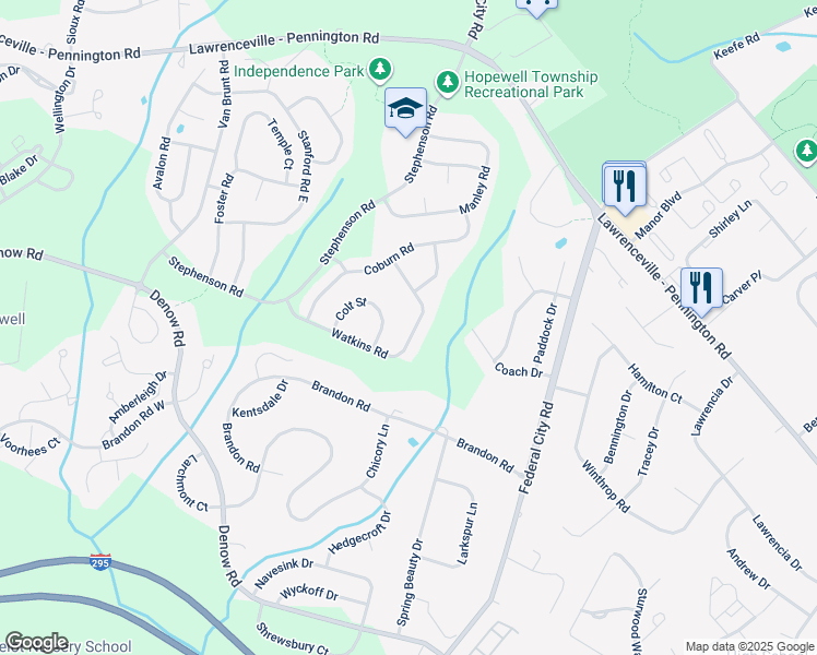 map of restaurants, bars, coffee shops, grocery stores, and more near 319 Watkins Road in Pennington