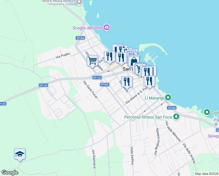 map of restaurants, bars, coffee shops, grocery stores, and more near 24 Via Pireo in San Foca