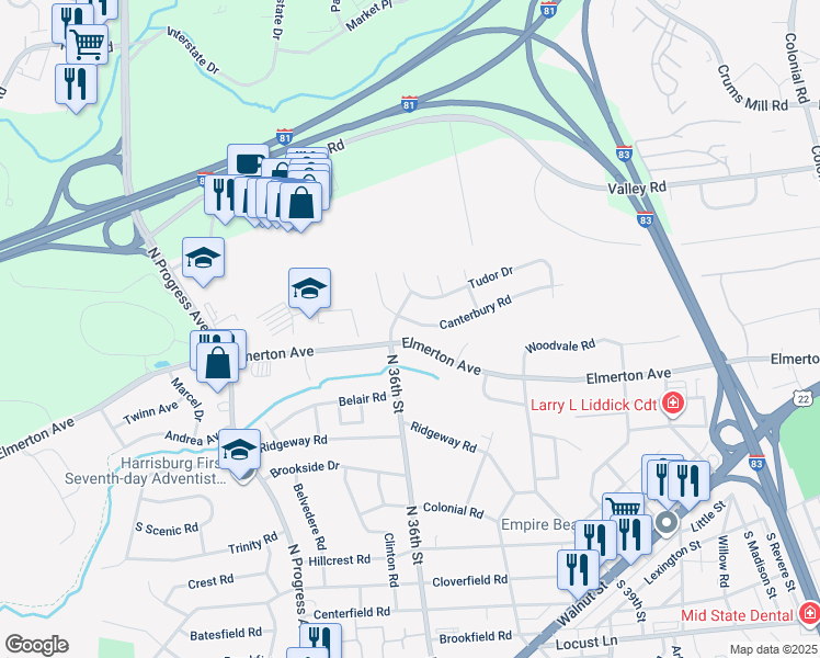 map of restaurants, bars, coffee shops, grocery stores, and more near 3605 Canterbury Road in Harrisburg