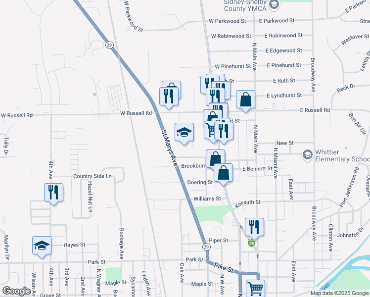 map of restaurants, bars, coffee shops, grocery stores, and more near 1152 Saint Marys Avenue in Sidney