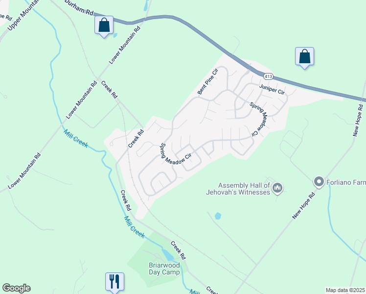 map of restaurants, bars, coffee shops, grocery stores, and more near 410 Redbird Court in New Hope