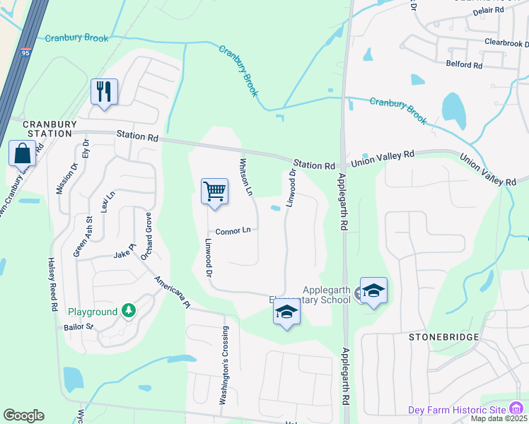 map of restaurants, bars, coffee shops, grocery stores, and more near 3 Whitson Lane in Monroe Township