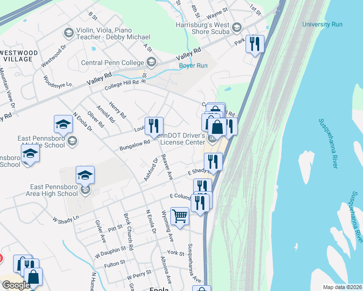 map of restaurants, bars, coffee shops, grocery stores, and more near 63 Ashford Drive in Enola