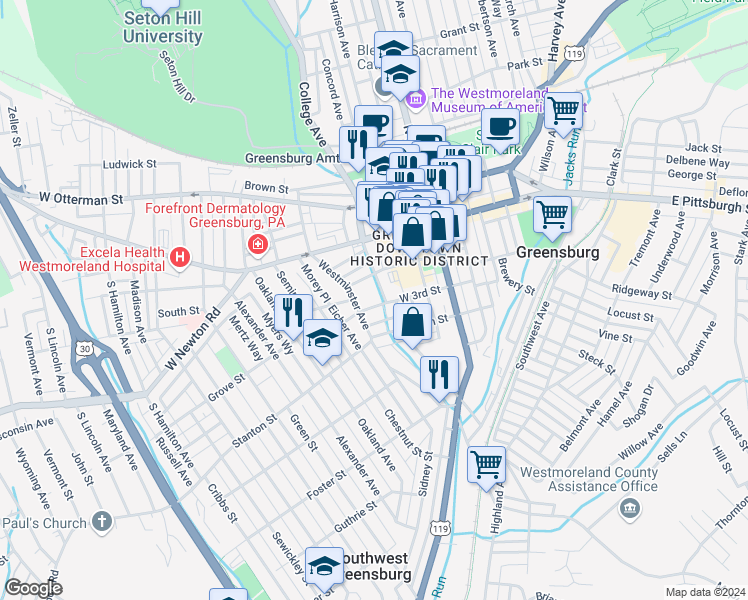 map of restaurants, bars, coffee shops, grocery stores, and more near 213 Vannear Avenue in Greensburg