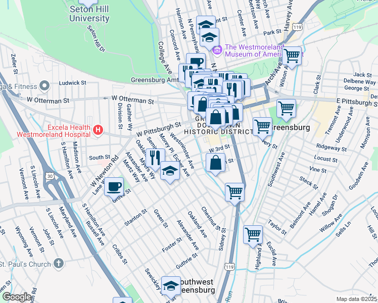 map of restaurants, bars, coffee shops, grocery stores, and more near 225 West 2nd Street in Greensburg