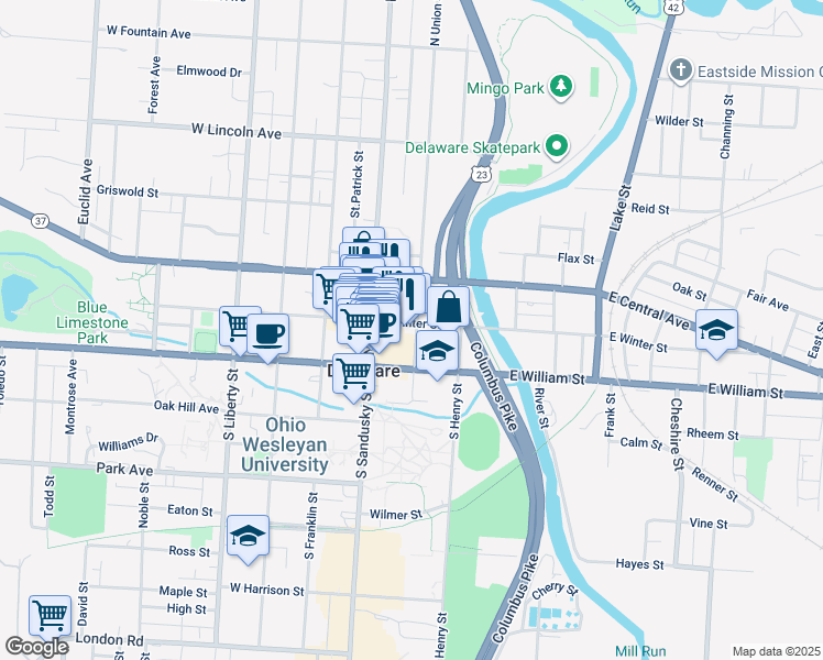 map of restaurants, bars, coffee shops, grocery stores, and more near 53 East Winter Street in Delaware