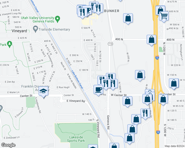 map of restaurants, bars, coffee shops, grocery stores, and more near 151 North 710 East Street in Vineyard