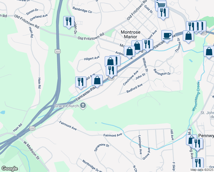map of restaurants, bars, coffee shops, grocery stores, and more near 439 Old Lancaster Pike in Reading