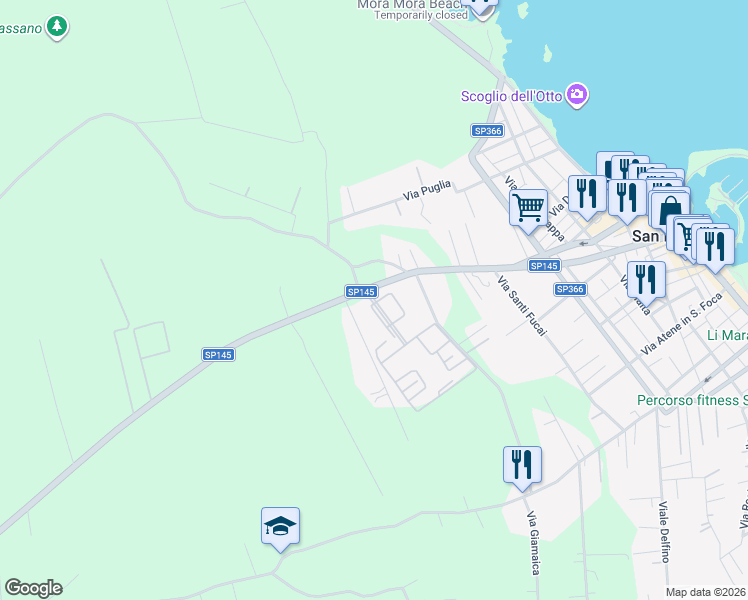 map of restaurants, bars, coffee shops, grocery stores, and more near SP145 in San Foca