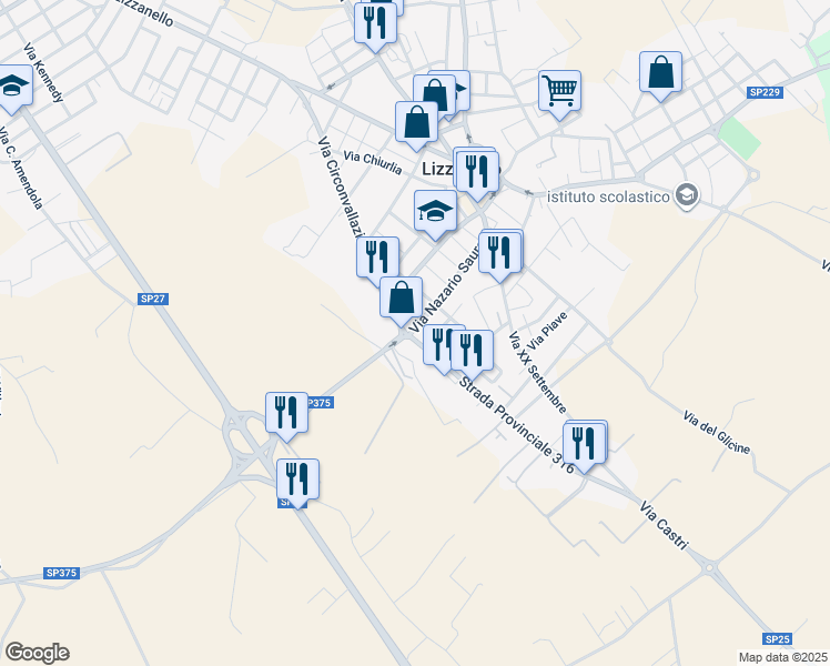 map of restaurants, bars, coffee shops, grocery stores, and more near 40 Via Circonvallazione in Lizzanello
