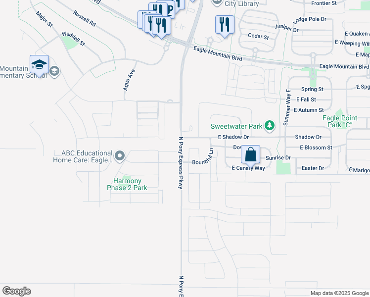 map of restaurants, bars, coffee shops, grocery stores, and more near 3621 Sparrow Lane in Eagle Mountain