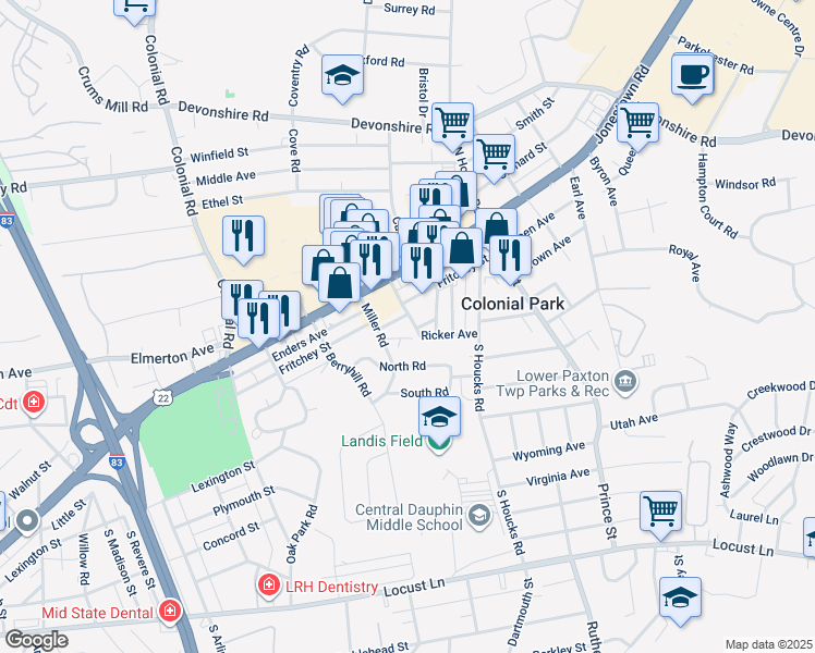 map of restaurants, bars, coffee shops, grocery stores, and more near 100 Holbrook Street in Harrisburg