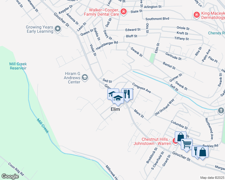 map of restaurants, bars, coffee shops, grocery stores, and more near 675 Goucher Street in Johnstown