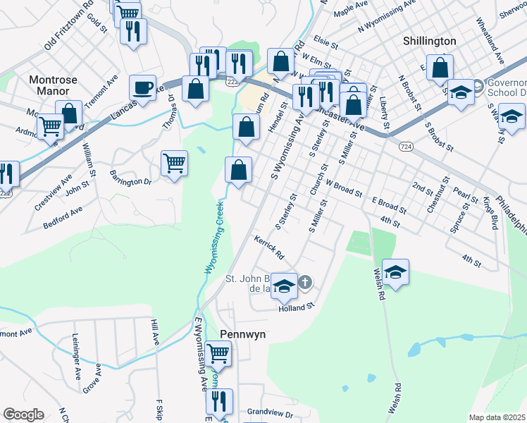 map of restaurants, bars, coffee shops, grocery stores, and more near 323 South Wyomissing Avenue in Reading