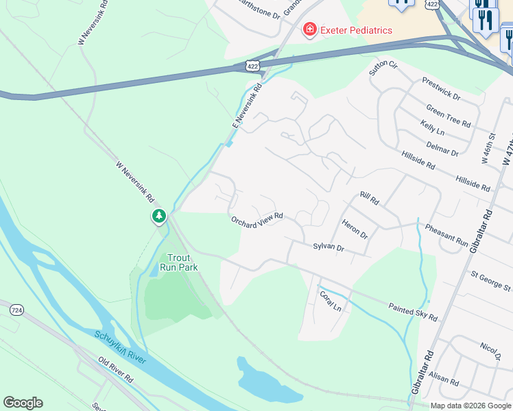 map of restaurants, bars, coffee shops, grocery stores, and more near 1400 Orchard View Road in Reading