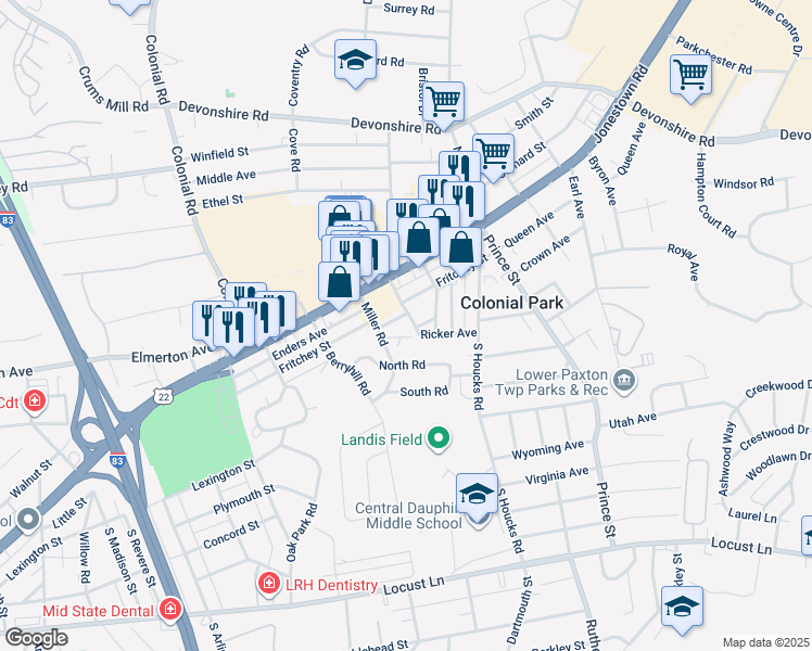map of restaurants, bars, coffee shops, grocery stores, and more near 100 Holbrook Street in Harrisburg