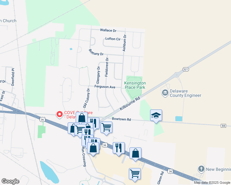 map of restaurants, bars, coffee shops, grocery stores, and more near 1934 Ashburn Drive in Delaware