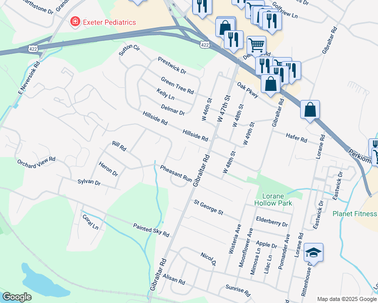 map of restaurants, bars, coffee shops, grocery stores, and more near 4518 Mallard Drive in Reading