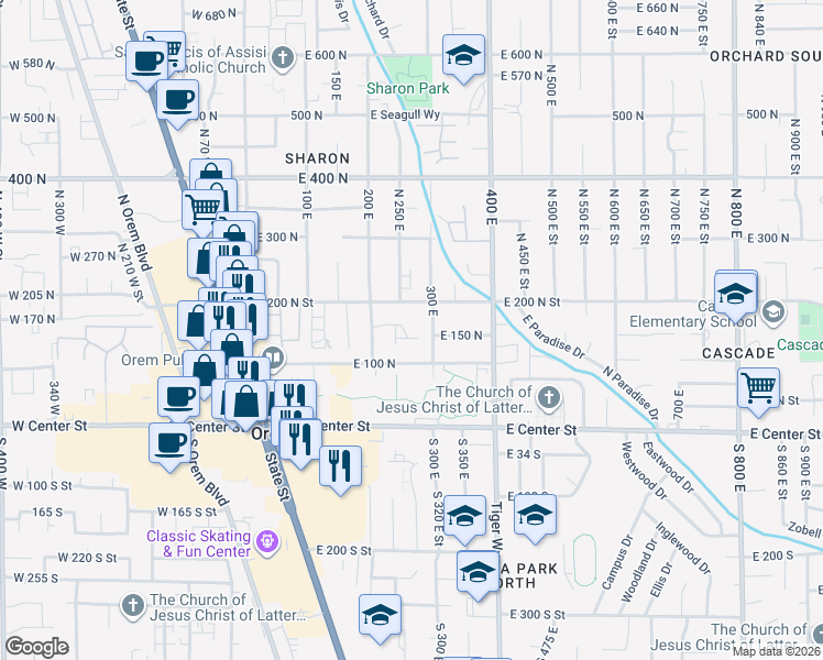 map of restaurants, bars, coffee shops, grocery stores, and more near 197 300 East in Orem
