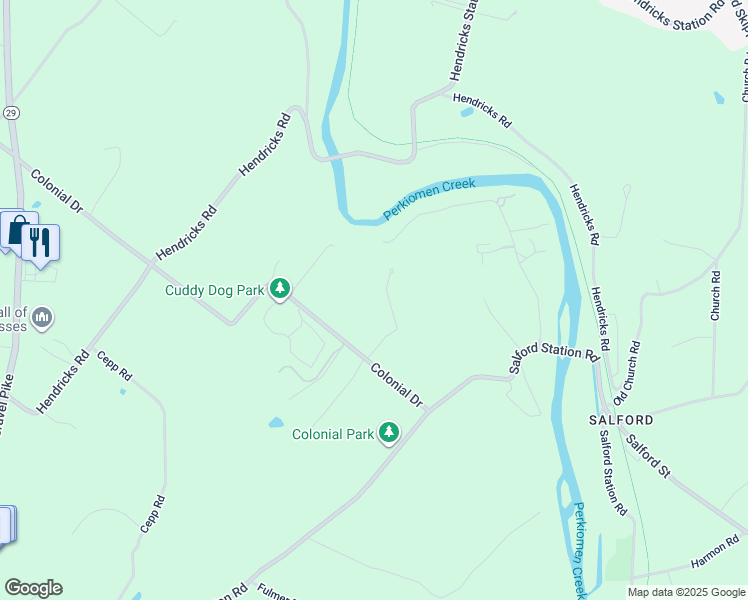 map of restaurants, bars, coffee shops, grocery stores, and more near 2 Meadow Lane in Perkiomenville