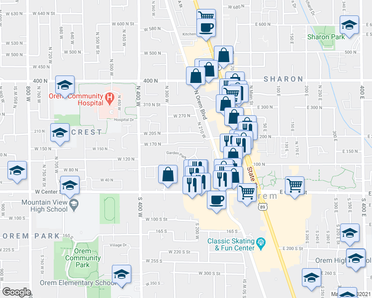 map of restaurants, bars, coffee shops, grocery stores, and more near 227 West Garden Park Drive in Orem