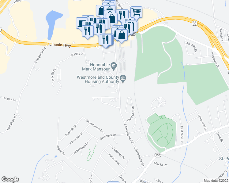 map of restaurants, bars, coffee shops, grocery stores, and more near 172 South Greengate Road in Greensburg