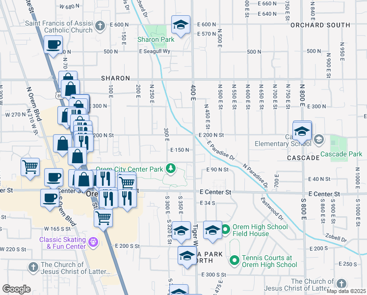 map of restaurants, bars, coffee shops, grocery stores, and more near 368 East 200 North in Orem