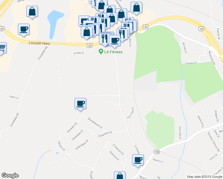 map of restaurants, bars, coffee shops, grocery stores, and more near 174 South Greengate Road in Greensburg