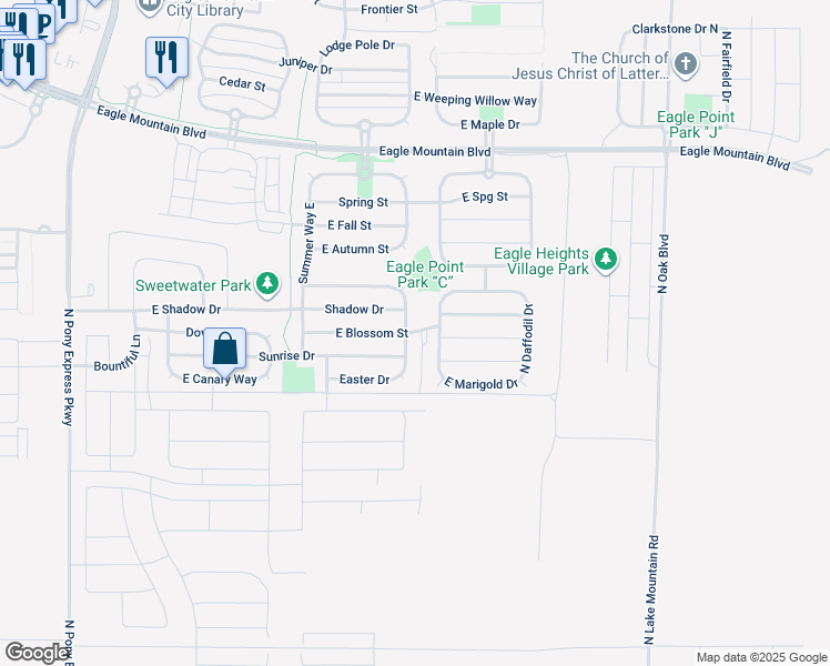 map of restaurants, bars, coffee shops, grocery stores, and more near East Blossom Street in Eagle Mountain