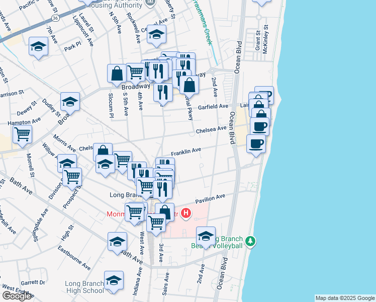 map of restaurants, bars, coffee shops, grocery stores, and more near 176 Chelsea Avenue in Long Branch
