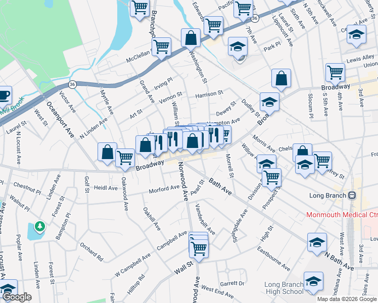 map of restaurants, bars, coffee shops, grocery stores, and more near 1 Russell Court in Long Branch
