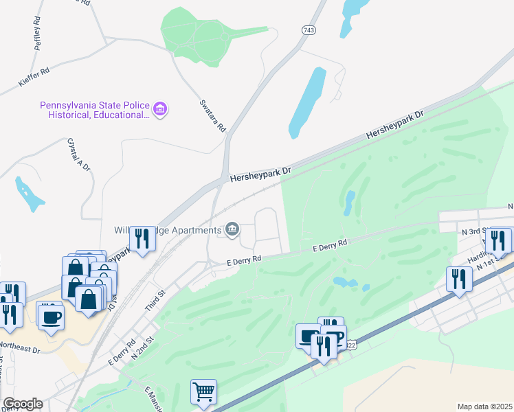 map of restaurants, bars, coffee shops, grocery stores, and more near 49 Carousel Circle in Hershey