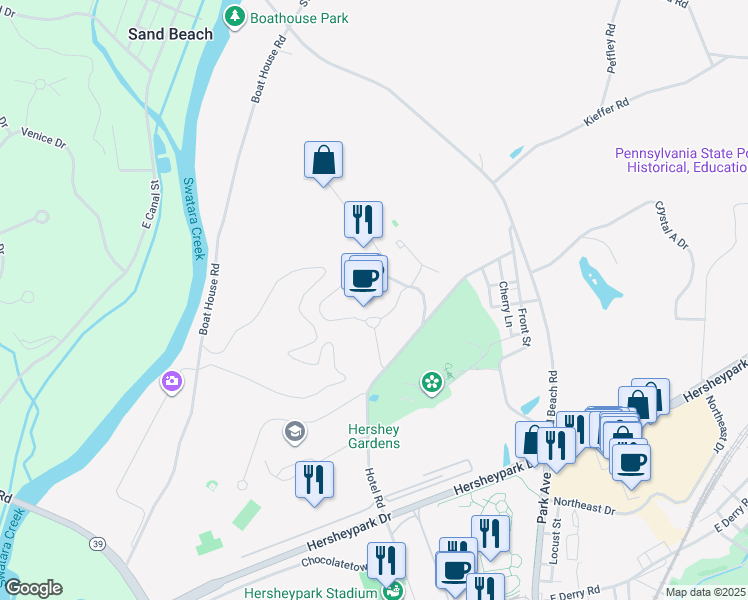 map of restaurants, bars, coffee shops, grocery stores, and more near 100 Hotel Road in Hershey