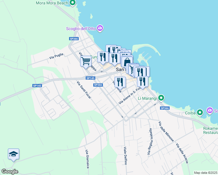 map of restaurants, bars, coffee shops, grocery stores, and more near 24 Via Pireo in San Foca