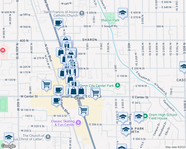 map of restaurants, bars, coffee shops, grocery stores, and more near 156 130 East in Orem