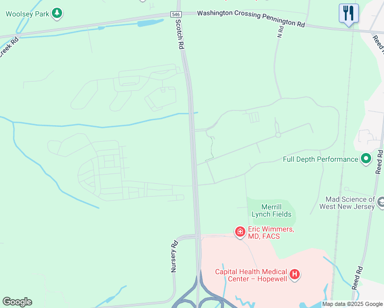 map of restaurants, bars, coffee shops, grocery stores, and more near 445 Scotch Road in Hopewell Township