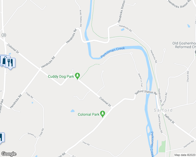 map of restaurants, bars, coffee shops, grocery stores, and more near 2 Meadow Lane in Perkiomenville