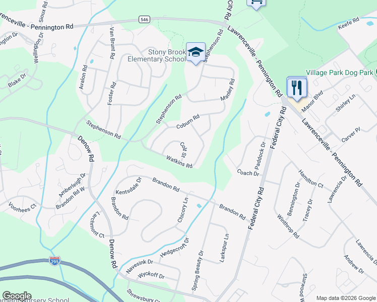 map of restaurants, bars, coffee shops, grocery stores, and more near 341 Watkins Road in Pennington