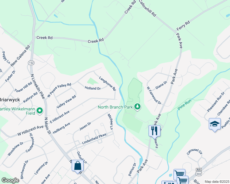 map of restaurants, bars, coffee shops, grocery stores, and more near 40 Langhorne Road in Chalfont