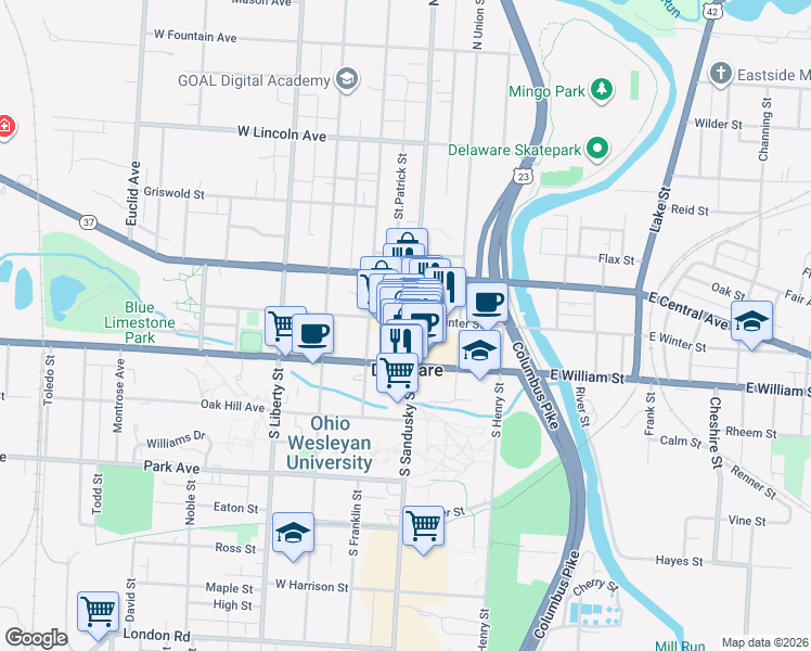 map of restaurants, bars, coffee shops, grocery stores, and more near 23 West Winter Street in Delaware