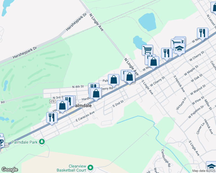 map of restaurants, bars, coffee shops, grocery stores, and more near 1633 East Derry Road in Hershey