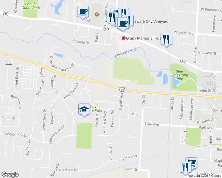 map of restaurants, bars, coffee shops, grocery stores, and more near 633 West William Street in Delaware