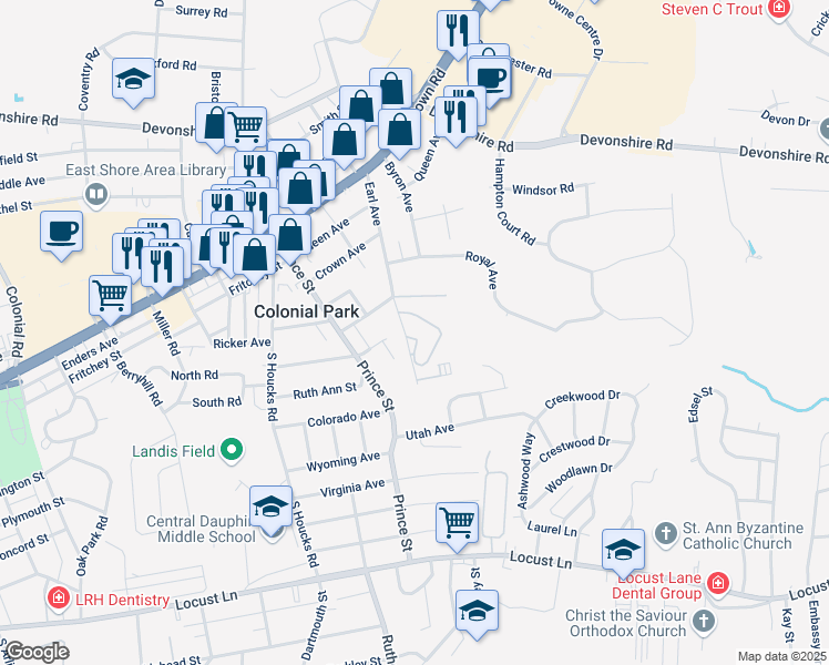 map of restaurants, bars, coffee shops, grocery stores, and more near 4989 Hamilton Drive in Harrisburg