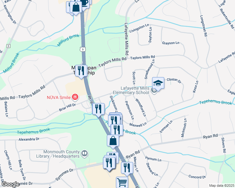 map of restaurants, bars, coffee shops, grocery stores, and more near 18 Smallwood Lane in Manalapan Township