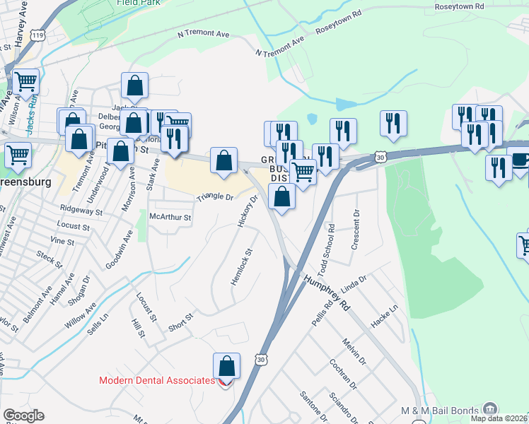 map of restaurants, bars, coffee shops, grocery stores, and more near 216 Humphrey Road in Greensburg