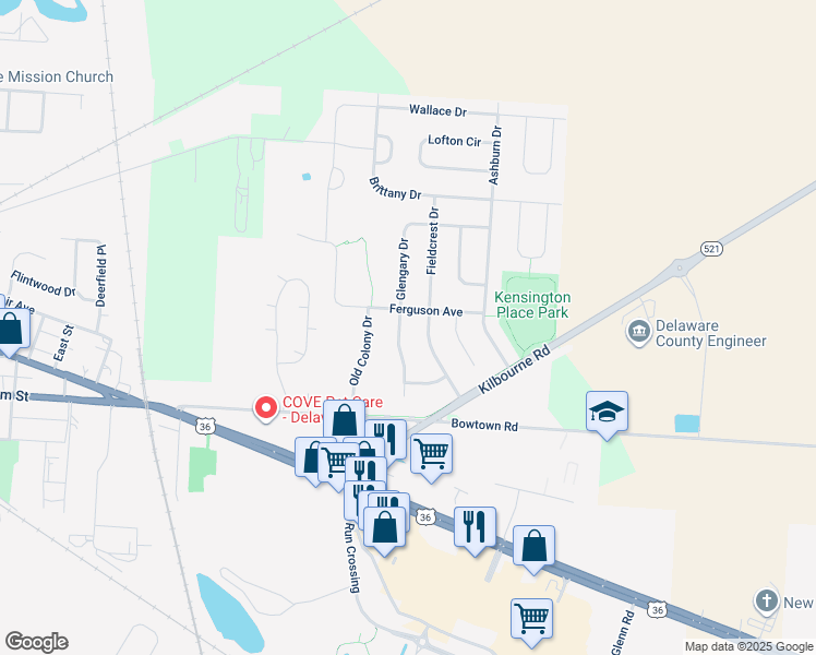 map of restaurants, bars, coffee shops, grocery stores, and more near 99 Glengary Drive in Delaware