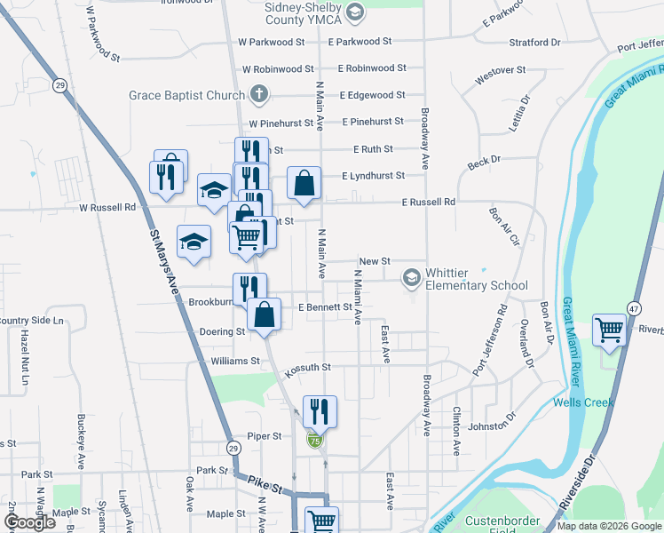 map of restaurants, bars, coffee shops, grocery stores, and more near 211 New Street in Sidney