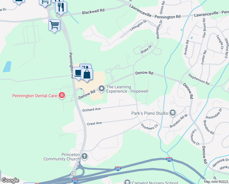 map of restaurants, bars, coffee shops, grocery stores, and more near 725 Denow Road in Pennington
