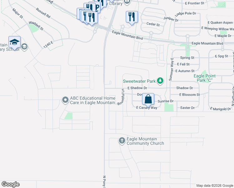 map of restaurants, bars, coffee shops, grocery stores, and more near 3628 Lark Road in Eagle Mountain
